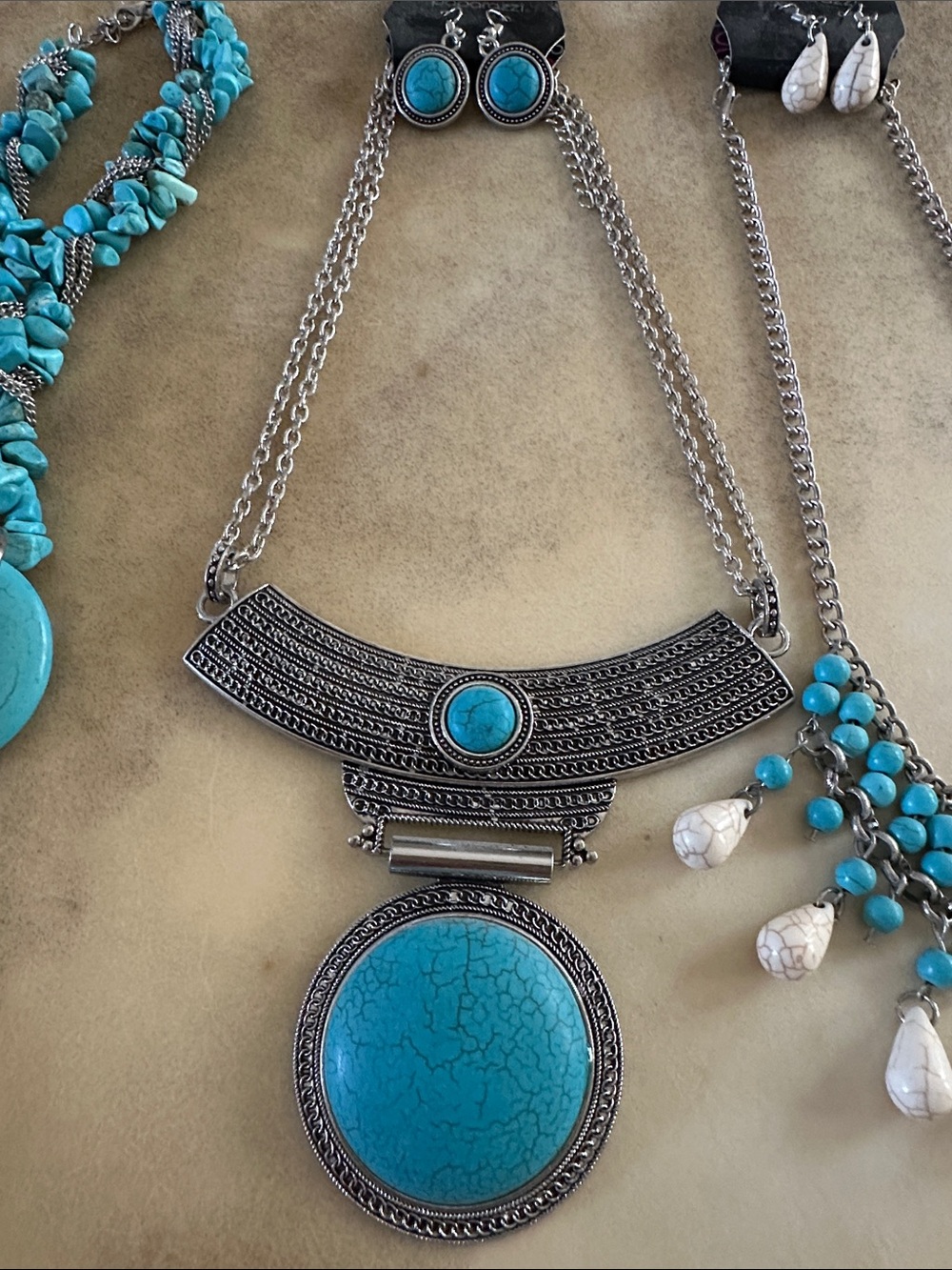 Turquoise(3) Statement Necklace with Matching Earrings - Blue Silver Accent - Picture 4 of 5